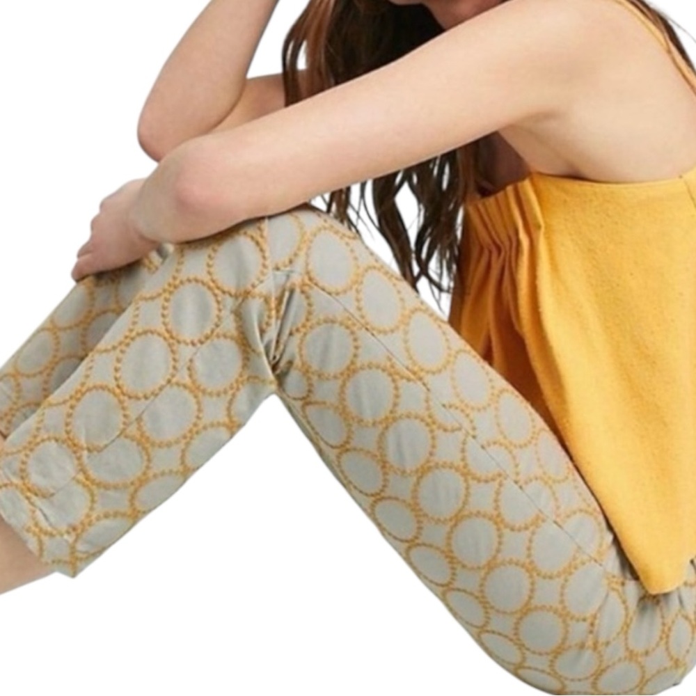 ANTHROPOLOGIE Chino Embroidered Circles Relaxed Fit Pants Tan/Blue/Gold Size 27 - Picture 5 of 12